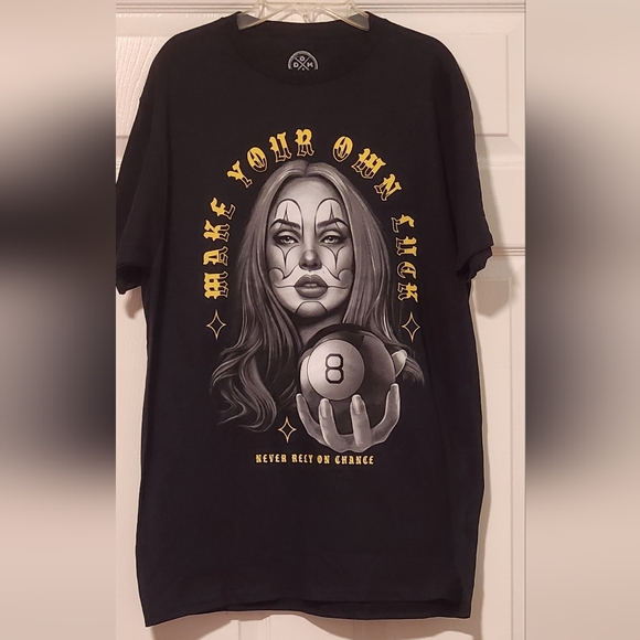 ODM Make Your Luck Graphic T-shirt Men XL Black Pretty Girl Clown Eight Ball. - Picture 1 of 3